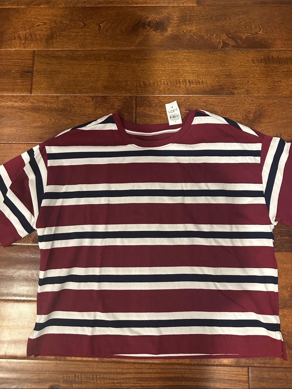 LOFT Burgundy, White & Navy Striped Boxy Tee